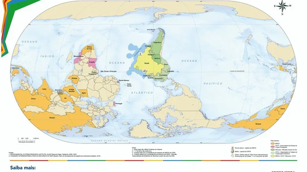 O mapa invertido tem o Brasil como centro - Reprodução - IBGE