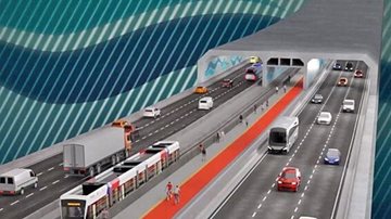 O túnel imerso entre Santos e Guarujá terá faixa de pedestres e ciclovia, além de faixa para veículos e VLT - Reprodução / Agenda SP