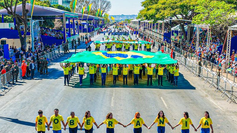 Nas arquibancadas montadas na Esplanada, o público recebeu dos organizadores do desfile um boné escrito "Brasil Soberano". - Ricardo Stuckert / PR
