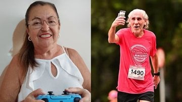 Vovó Gamer e Rino Magnoni fazem sucesso nas redes sociais; ela jogando online e ele correndo - Foto: Reprodução/Instagram/@donamariagameplays/@rinomagnoni