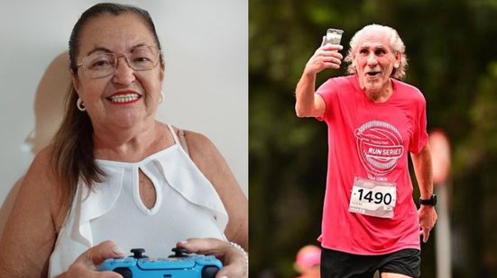Vovó Gamer e Rino Magnoni fazem sucesso nas redes sociais; ela jogando online e ele correndo - Foto: Reprodução/Instagram/@donamariagameplays/@rinomagnoni