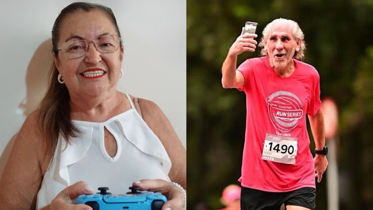 Vovó Gamer e Rino Magnoni fazem sucesso nas redes sociais; ela jogando online e ele correndo - Foto: Reprodução/Instagram/@donamariagameplays/@rinomagnoni