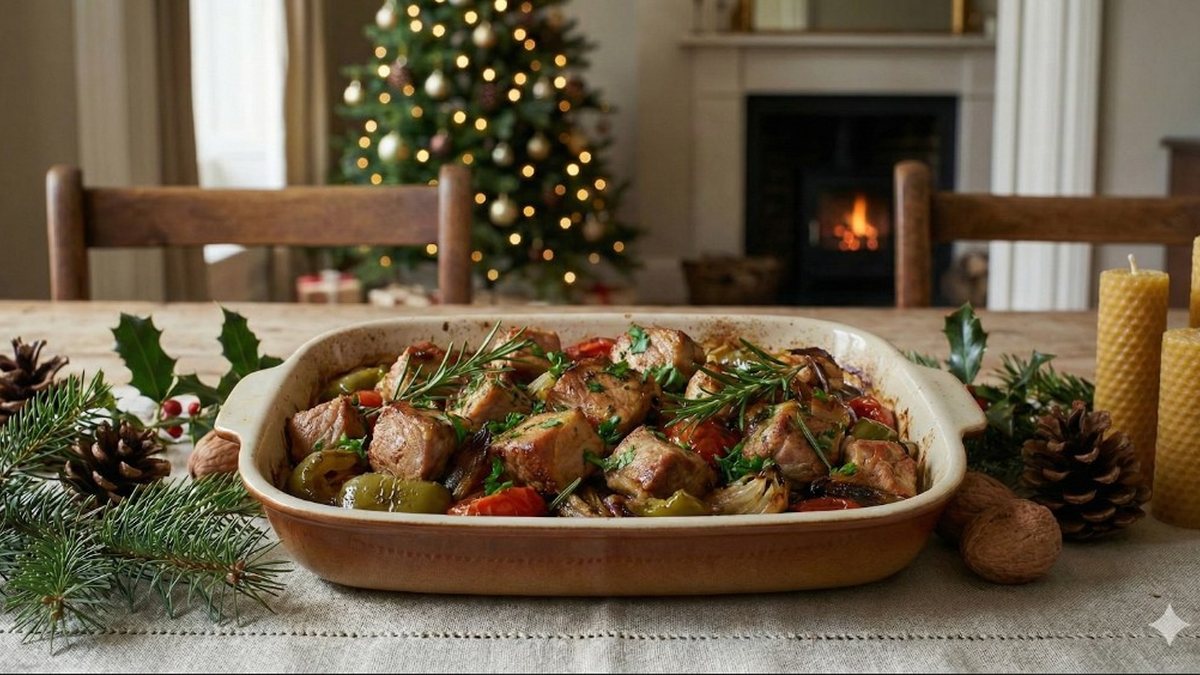 Pernil suíno em cubos, opção de prato principal do cardápio natalino de R$ 300 proposto pela chef Ione Lima - Imagem gerada por IA