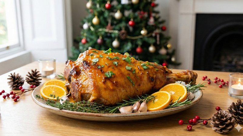 Pernil ao molho de laranja, uma das receitas propostas na ceia de R$ 500 da chef Ione Lima - Imagem gerada por IA