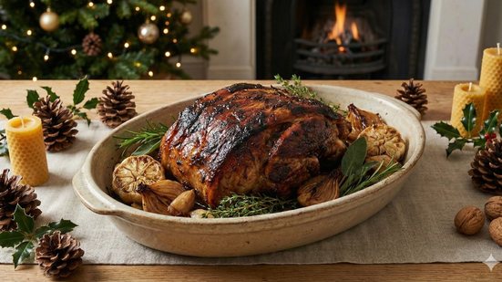 Pernil ao molho de vinho do Porto, um dos destaques do menu natalino de R$ 1.000 elaborado por Ione Lima a pedido do VIVA - Imagem gerada por IA