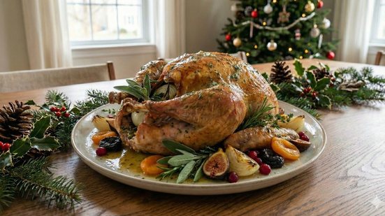 Peru com manteiga de ervas, receita de uma das ceias propostas pela chef Ione Lima - Imagem gerada por IA