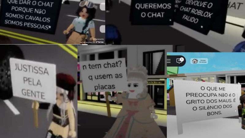 Como o Roblox restringiu o chat, crianças protestaram usando cartazes em seus avatares dentro do jogo - Reprodução/X