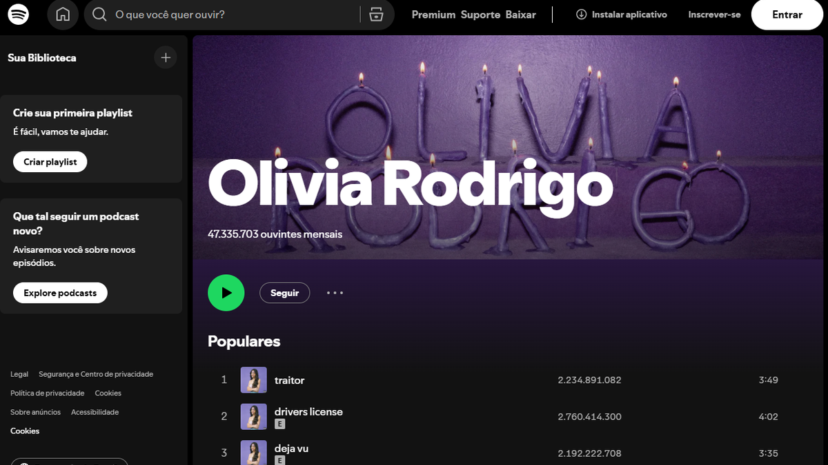 A cantora Olivia Rodrigo ocupa o primeiro lugar da lista com Drivers License - Redrodução/Spotify