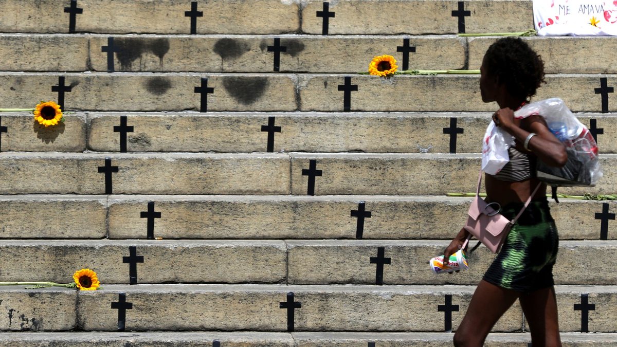 Denúncia do Levante Feminista contra o feminicídio com 210 cruzes nas escadarias da Câmara Municipal do RJ - Tânia Rêgo/Agência Brasil