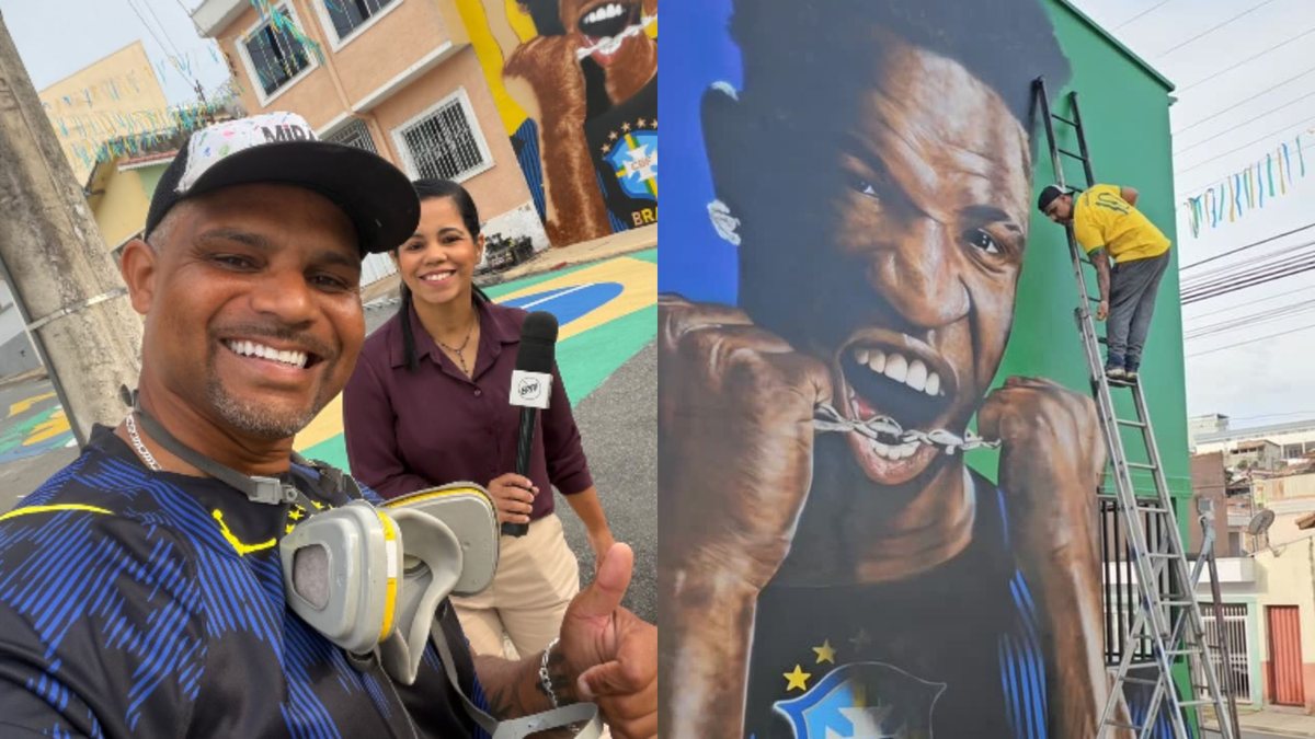 O artista plástico Diego Miranda viralizou nas redes sociais com um mural de Vini Jr. - Reprodução/Instagram @mirandagrafitte