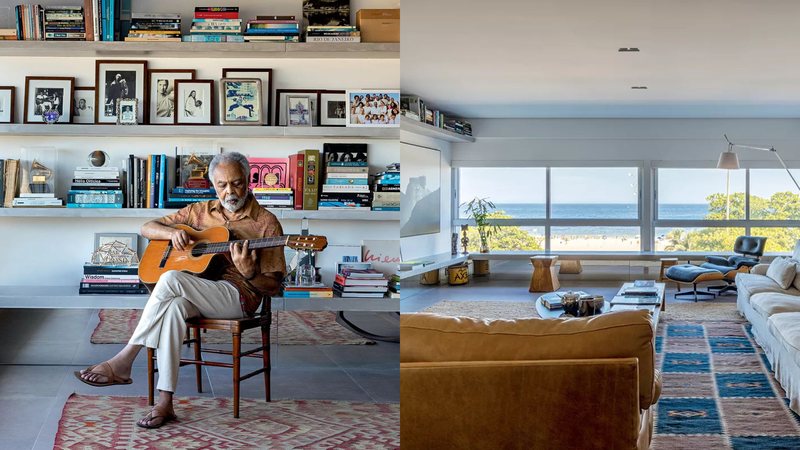 Gilberto Gil colocou à venda o apartamento localizado no Edifício Chopin, na Zona Sul do Rio de Janeiro - Montagem/Reprodução/Casa e Jardim (http://bit.ly/4nb1ruA)