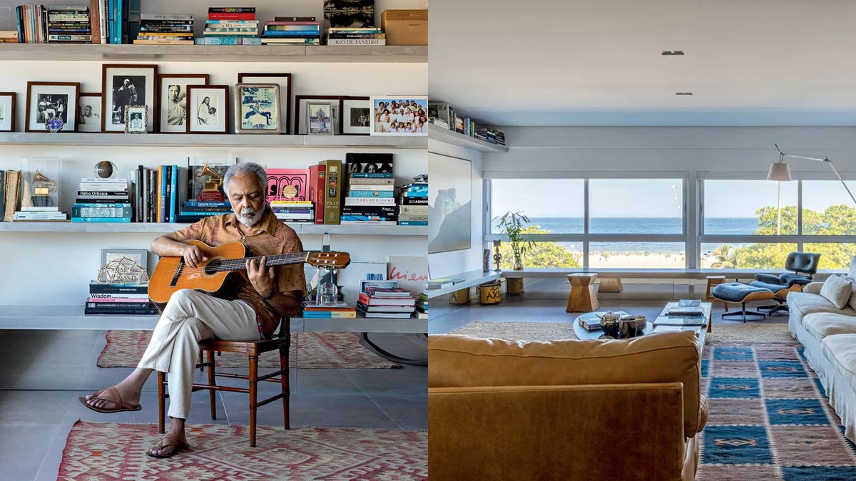 Gilberto Gil colocou à venda o apartamento localizado no Edifício Chopin, na Zona Sul do Rio de Janeiro - Montagem/Reprodução/Casa e Jardim (http://bit.ly/4nb1ruA)