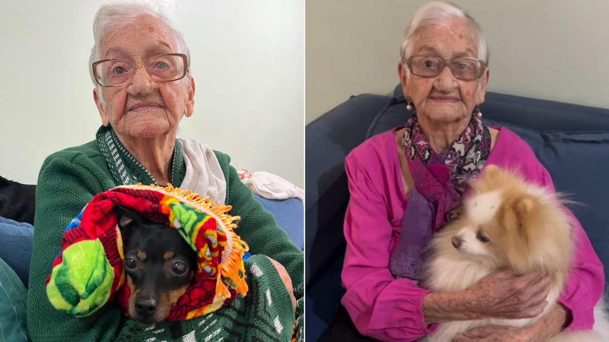 Manuela Moreira, de 95 anos, viralizou nas redes sociais com os cães da filha. - Arquivo pessoal