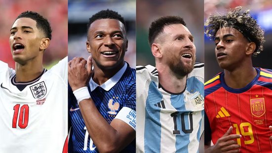 Bellingham (Inglaterra), Mbappé (França), Messi (Argentina) e Yamal (Espanha) podem disputar a final - Reprodução / FIFA