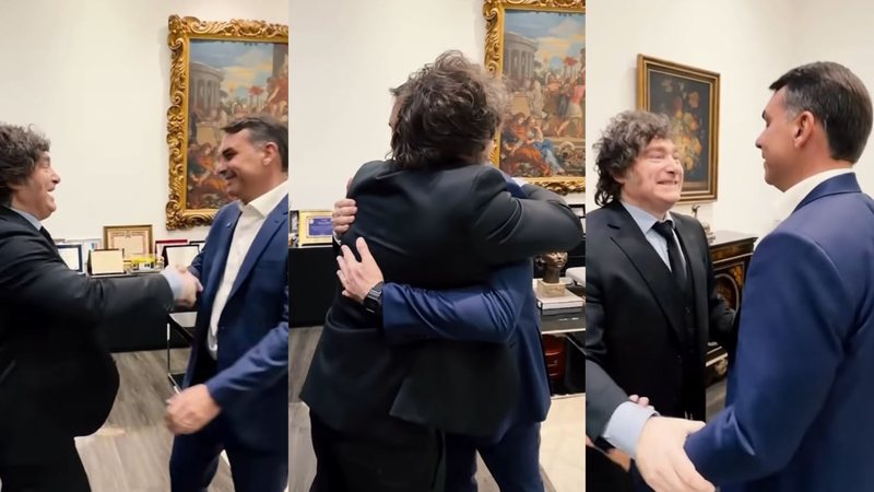 Senador Flávio Bolsonaro e o presidente da Argentina, Javier Milei, em vídeo juntos - Reprodução / Instagram @flaviobolsonaro