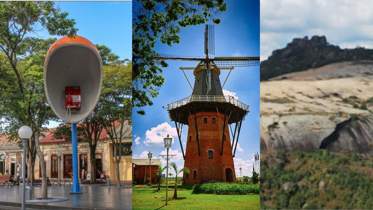 Orelhão gigante (Itu), Moinho Povos Unidos (Holambra) e Pedra Grande (Atibaia) - Divulgação/prefeituraItu;prefeituraholambra;pedragrande.org,