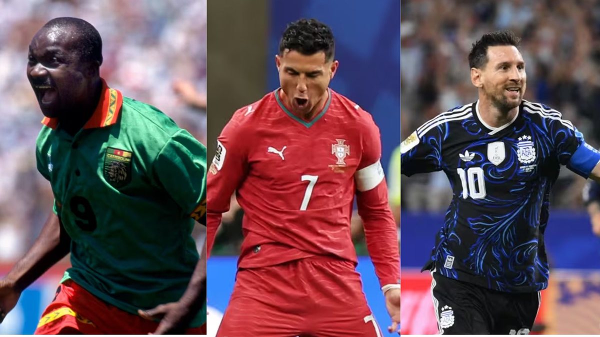 Roger Milla, Cristiano Ronaldo e Messi estão entre os mais velhos a marcar em Copa - Reprodução / FIFA