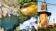 Cachoeira em Delfinópolis (MG), Cachoeira de Santo Isidro, em São José do Barreiro (SP) e o Moinho dos Povo Unidos, em Holambra (SP) - Reprodução/Prefeitura Delfinópolis; Barreiro Turismo; Prefeitura Holambra