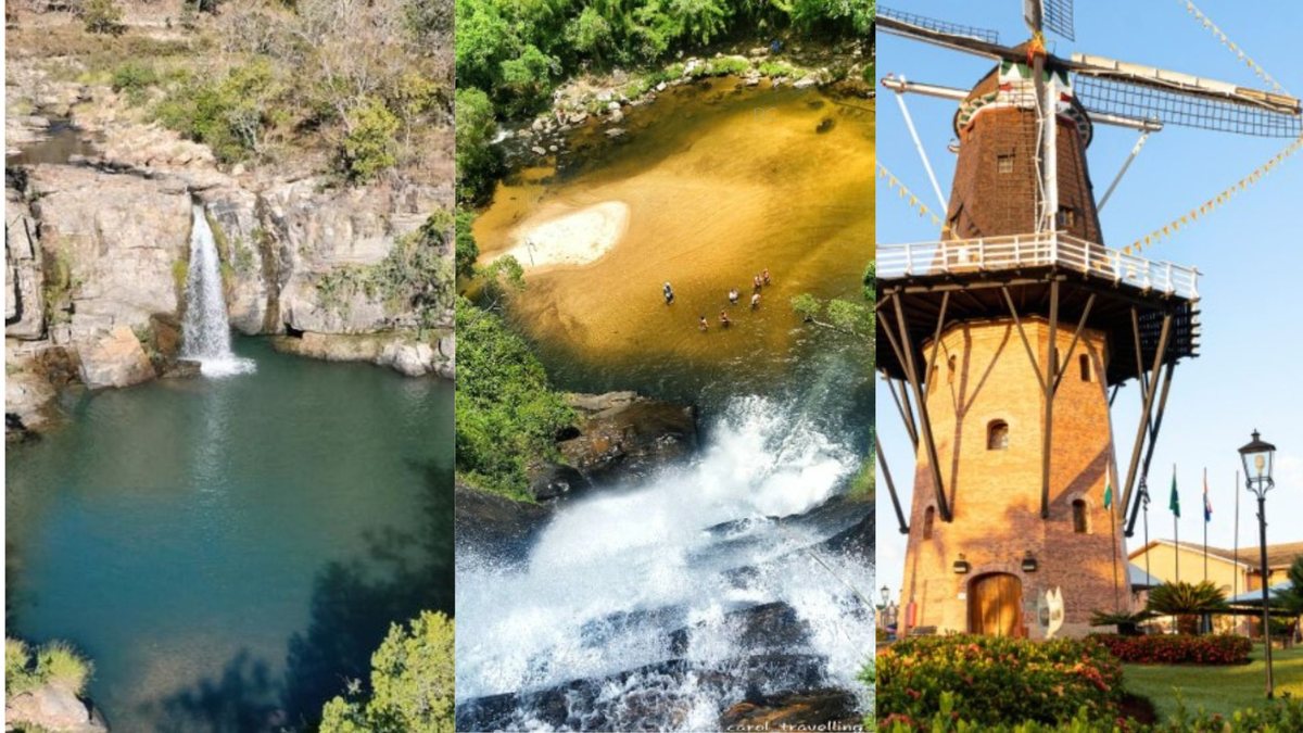 Cachoeira em Delfinópolis (MG), Cachoeira de Santo Isidro, em São José do Barreiro (SP) e o Moinho dos Povo Unidos, em Holambra (SP) - Reprodução/Prefeitura Delfinópolis; Barreiro Turismo; Prefeitura Holambra