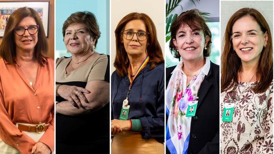 A presidente, Magda Chambriard, e as diretoras Angelica Laureano, Clarice Coppetti, Renata Baruzzi e Sylvia Anjos - Agência Petrobras