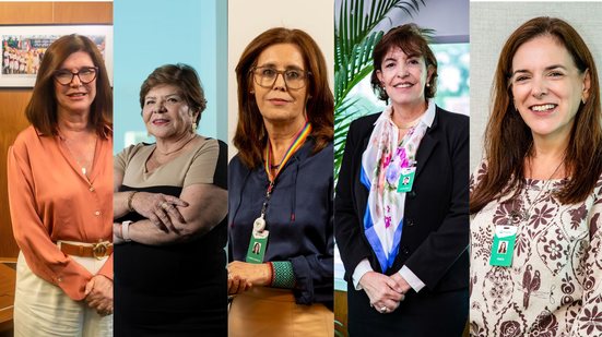A presidente, Magda Chambriard, e as diretoras  Clarice Coppetti, Angelica Laureano, Renata Baruzzi e Sylvia Anjos - Agência Petrobras