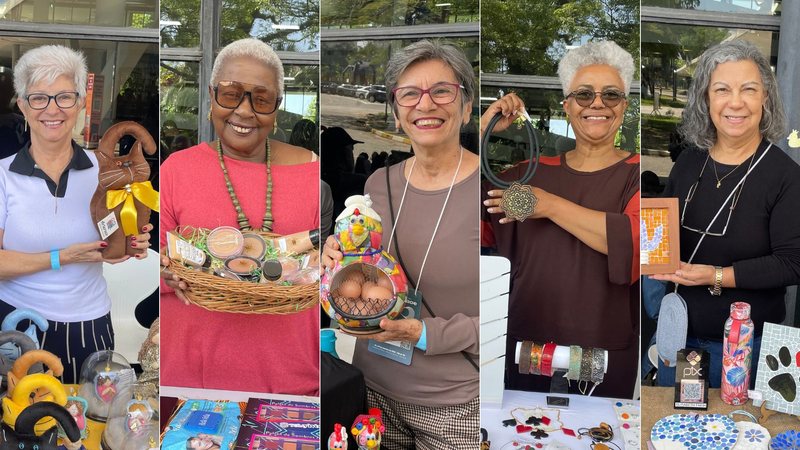 Ana Maria Isabela, Neide Inês, Marly Boghossian, Teresa Cristina dos Santos e Elisabeth Abrão exibem artesanato no Fórum Longevidade - Alexandre Barreto/VIVA