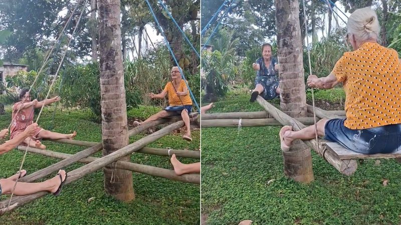 Mulheres de diferentes gerações se divertem juntas em brinquedo feito de madeira em Itamaraju (BA) - Reprodução/Instagram @lucileialagasse