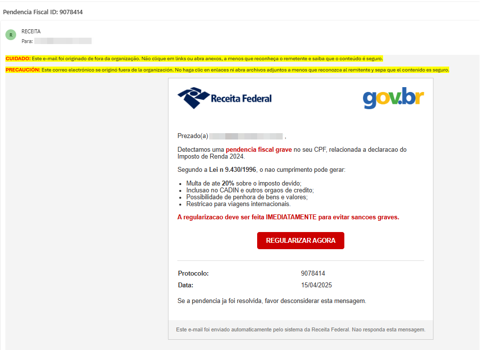 Exemplo de e-mail falso