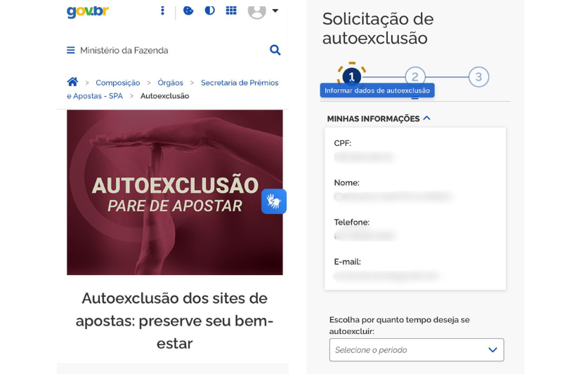 Captura de tela da plataforma de autoexclusão de bets do Ministério da Fazenda