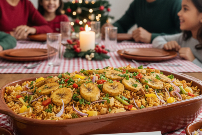 Travessa marrom com farofa de arroz coberta com pedaços de banana