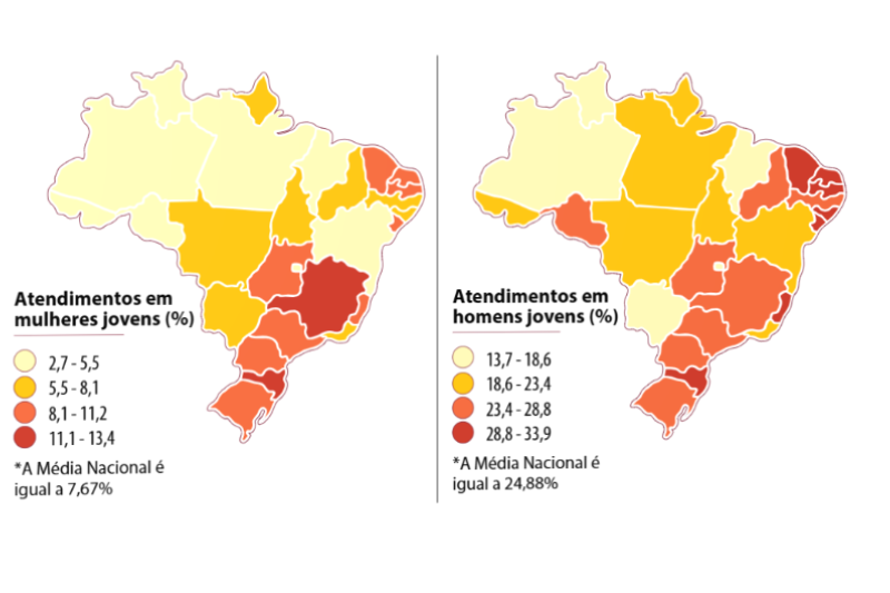 Gráfico em mapa que mostra os atendimentos de saúde mental entre os jovens