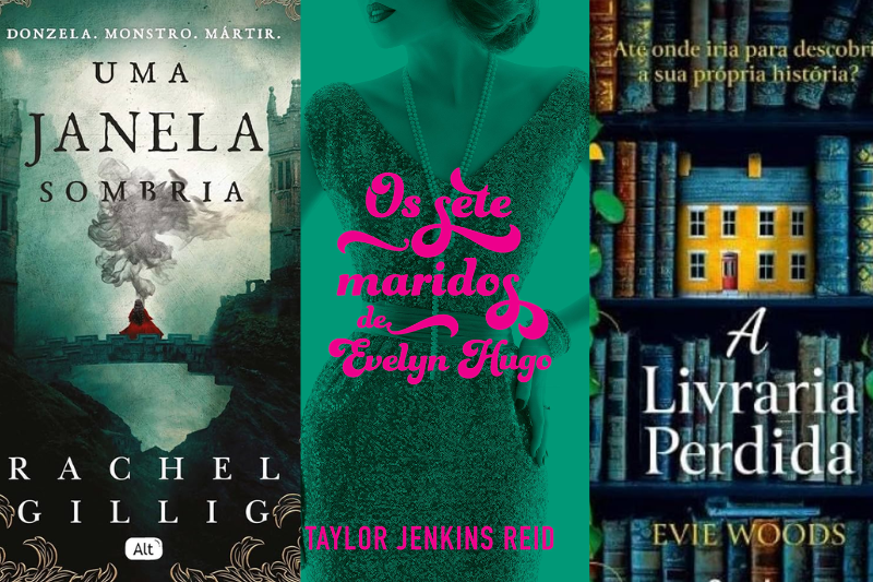 Capas de três livros  "Uma janela sombria", Os sete maridos de Evelyn Hugo" e "A livraria perdida" 