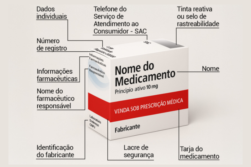 Infográfico que mostra uma caixa de remédio com as informações a serem conferidas