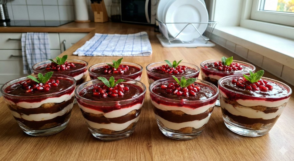 Pavê de chocolate com calda de romã