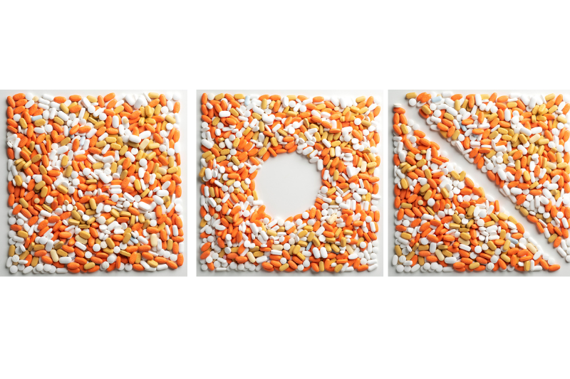 Arte feita com medicamentos que iriam ser jogados fora em cores de branco e laranja