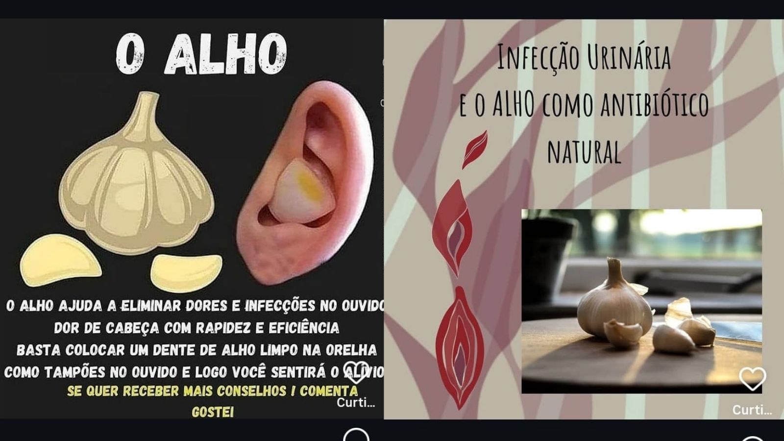 montagem com reprodução do Instagram com posts sobre falsos benefícios do alho