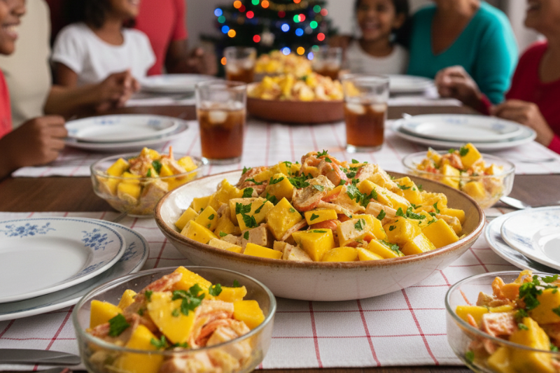 Travessa branca de vidro com cubos de manga e kani 