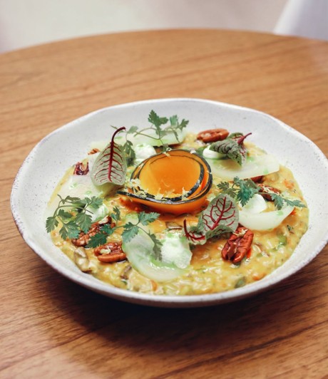 risoto de abóbora, queijo e pera