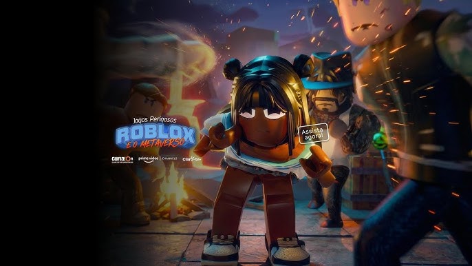 Avatares 3D estilo Roblox em cenário de alerta, capa do documentário Jogos Perigosos sobre abusos no metaverso.
