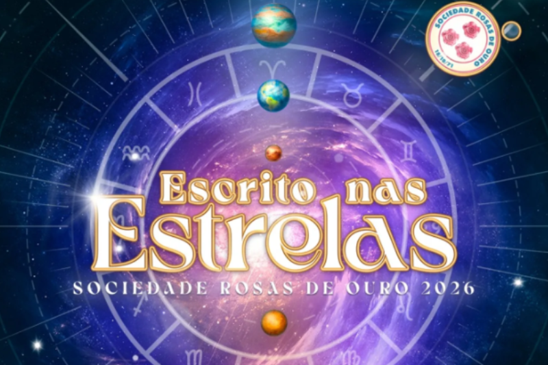 Fundo estrelado com planetas escrito "Escrito nas Estrelas", enredo das Rosas de Ouro em 2026