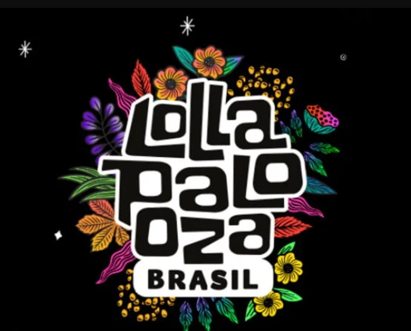 Logo do festival  mostra o nome do festival escrito em uma coluna de 3 linhas da seguinte maneira Lolla, na primeira linha; palo na segunda e oza na terceira; abaixo escrito Brasil; tudo sobre o desenho de flores 