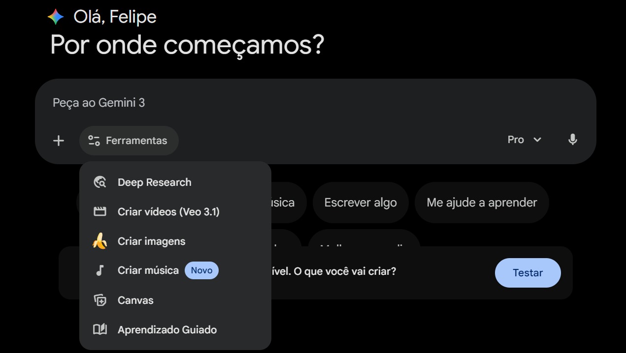 Imagem da pagina principal do Gemini, com a opção selecionada de "criar música"