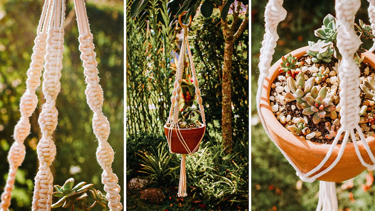 Três porta-vasos feitos de macramê pendurados em um ponto alto