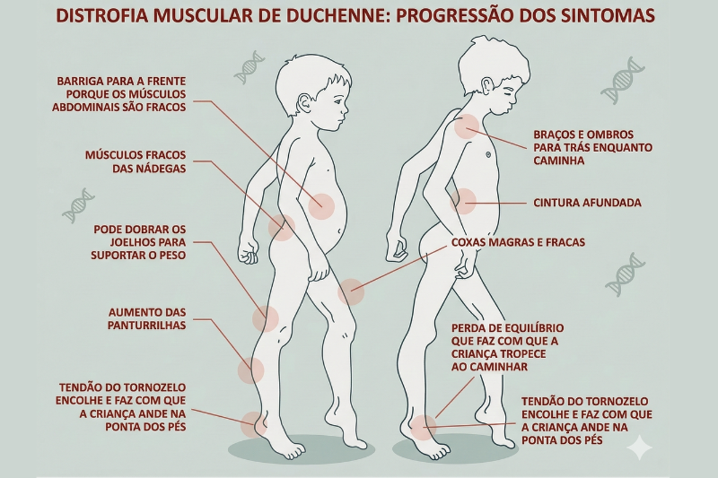 Infográfico com duas imagens de meninos e demonstração dos sintomas de distrofia de duchenne