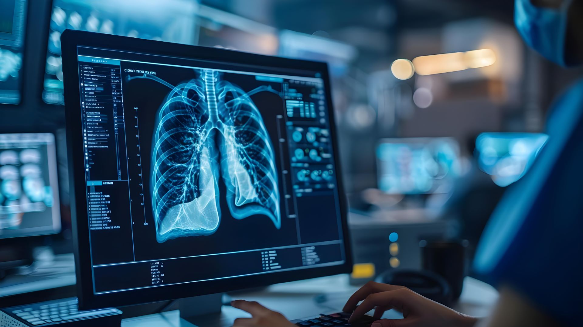 IA médica analisa exame de pulmão para tratamento de pneumonia em tela de computador