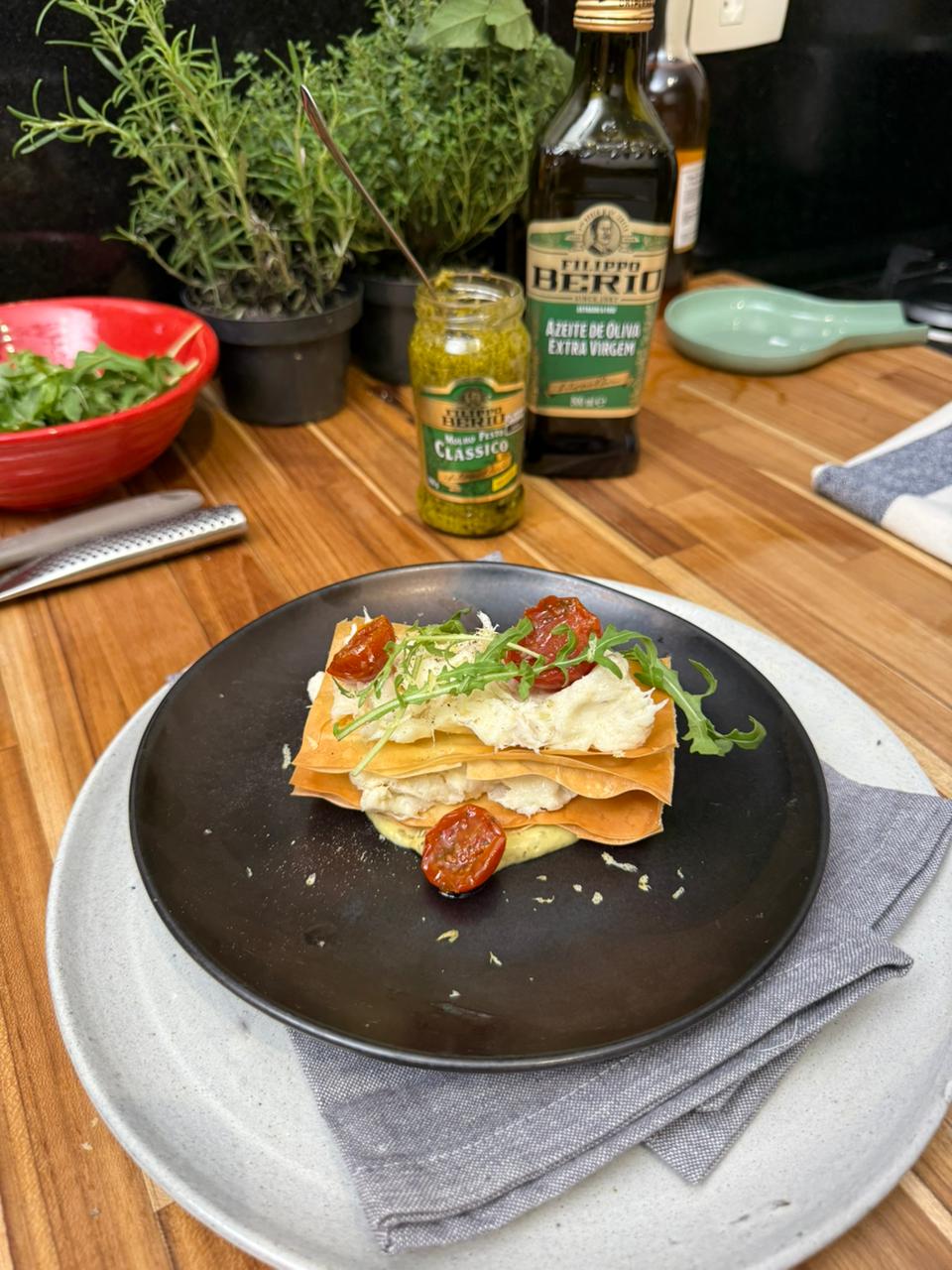 Receita Mil-folhas de Bacalhau Cremoso com maionese de pesto Filippo Berio
