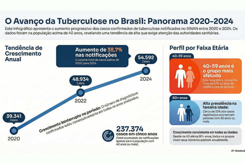 Infográfico com escala e imagens que mostram o aumento de casos de tuberculose entre pessoas com mais de 60 anos