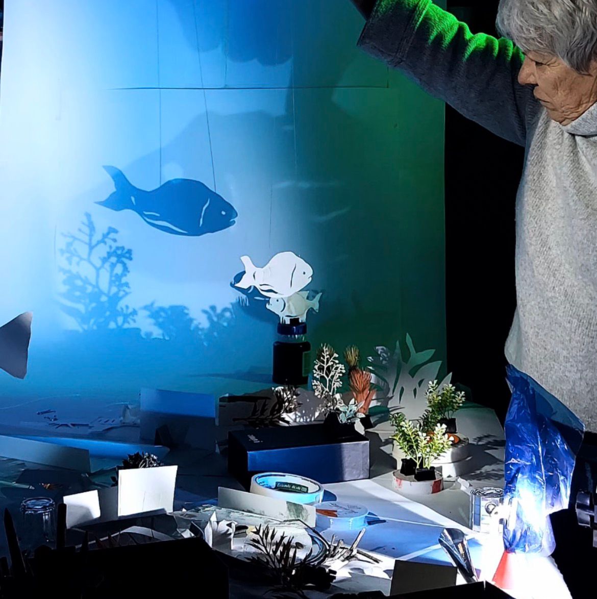 Artista manipula silhuetas de peixes em cenário de teatro de sombras