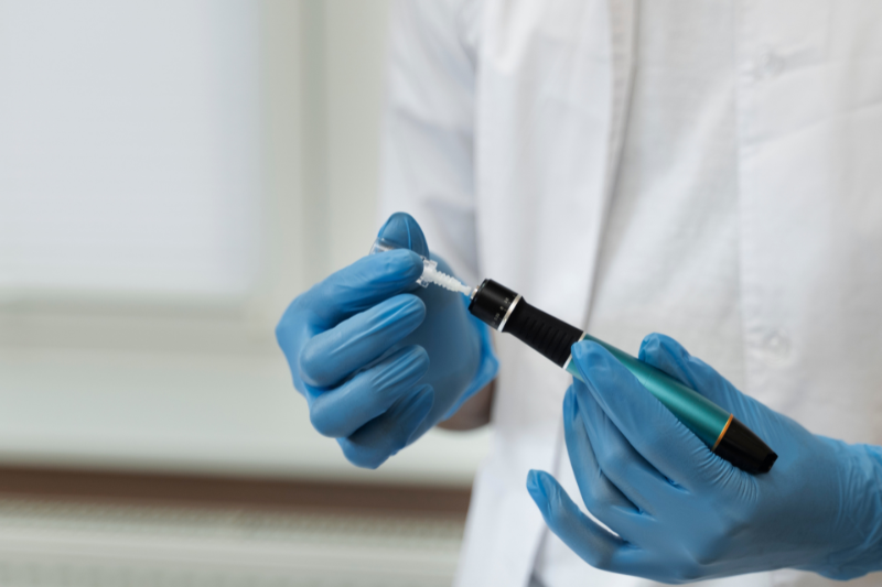 profissional da saúde manipulando uma caneta e inserindo alguma substância nela