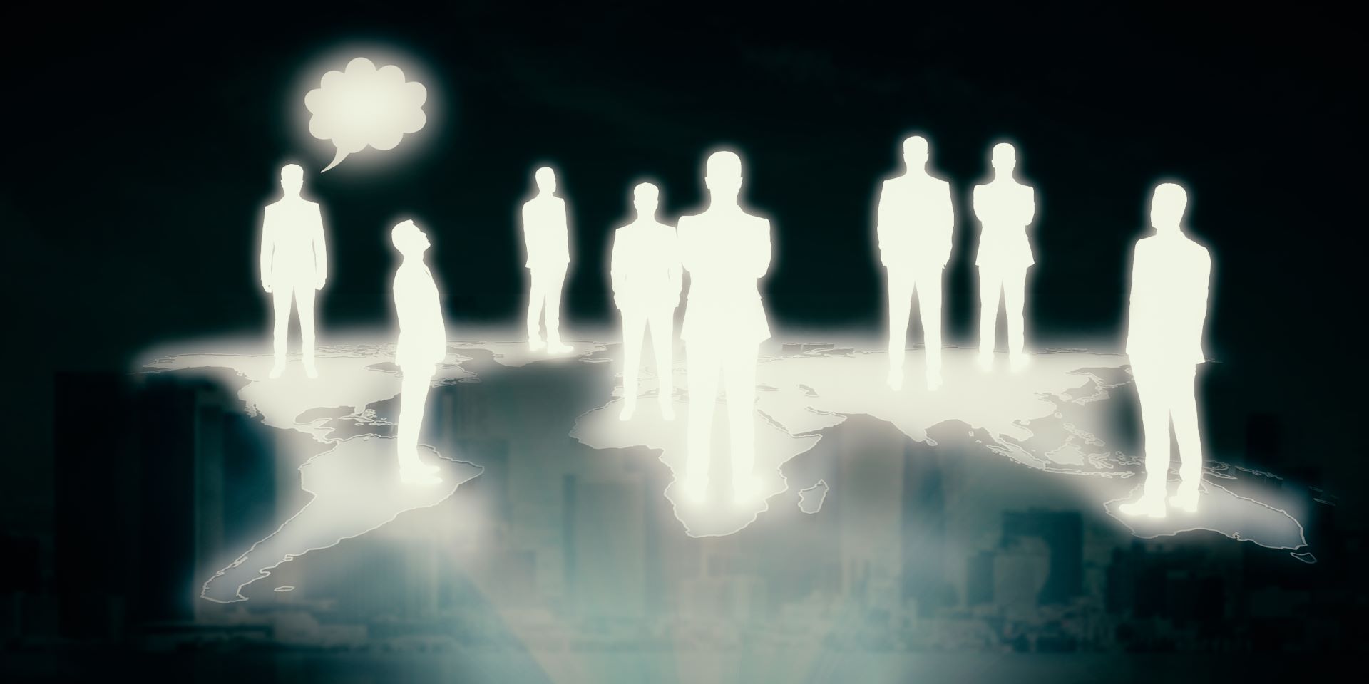 Contorno branco luminoso de figuras humanas posicionadas em círculos